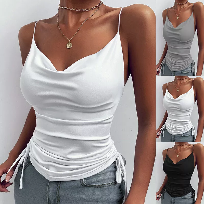 Women Tank Top V Neck Camisole Drawstring Spaghetti Strap Top Loose  Sleeveless#