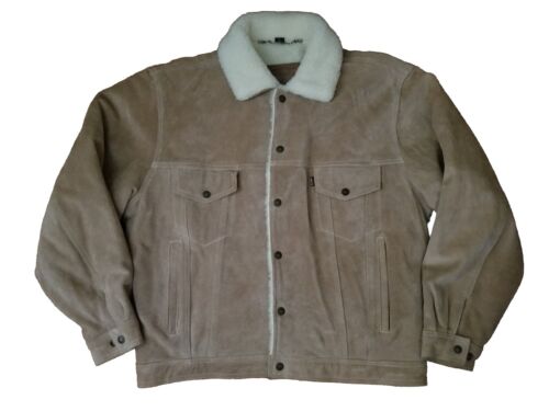 VTG 80s Levi's Suede Cowhide Leather Western/Trucker Jacket Sherpa Lining Mens L - Afbeelding 1 van 23