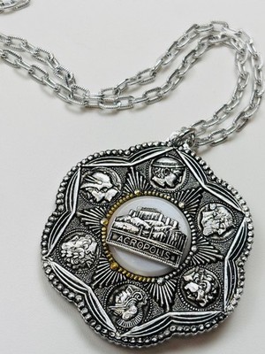 Vintage Greece Acropolis-Themed Silver Tone Pendant Necklace With Intricate Deta
