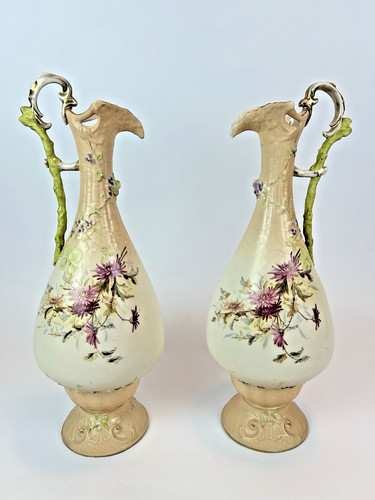 Antique Austrian Art Nouveau Porcelain Ewer Vase Pair 15” Mold 4235 Floral