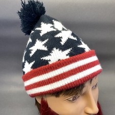 American Flag Beanie Hat Snow Winter Cap Pom Pom Red White Blue Old Navy