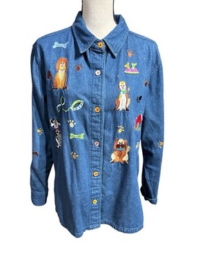 Quacker Factory Denim Embroidered Dog FIDO Bones Beads Jewels LARGE