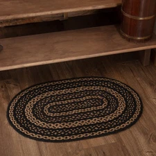 Accent Rug Black & Tan Jute Primitive 20x30 Oval Braid No Slip Floor VHC Brands