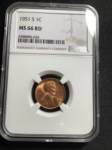 Beautiful High Grade 1951-S Lincoln Cent.  NGC GRADED MS66 RED