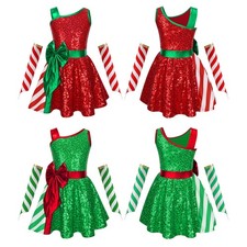 Kids Girls Dress Performance Leotard Shiny Jumpsuit Santa Claus Dancewear Dance