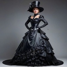 Black Gothic Victorian Dress Long Sleeve Ruffles Skirt Lace-up Corset Duchess