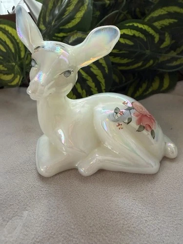Fenton White Opalescent Deer Figurine Hand Painted, Signed