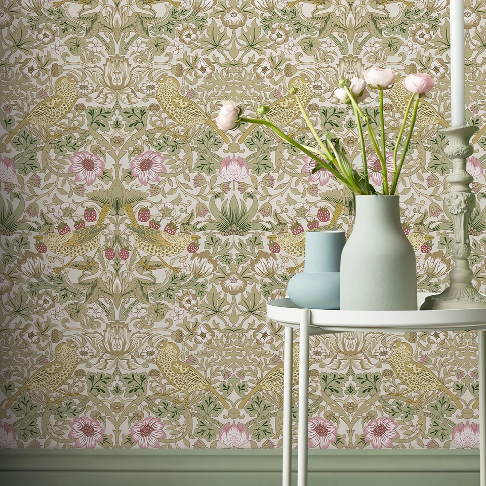 William Morris Vintage Peel &Stick Wallpaper Beige Strawberry&Bird Contact Paper - Image 2 of 4