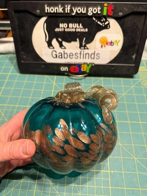 Hand Blown Art Glass Pumpkin Blue Green Gold Flecks Twisted Reeded Stem EUC
