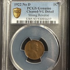 1922 No D Strong Reverse Lincoln Wheat Cent - Graded VG Details By PCGS