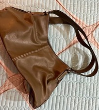 Brown Shoulder Bag Silver Hardware Zip Closure Stitching Accent Inner Pockets
