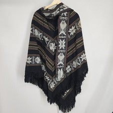 Vintage Made in Ecuador Wool Cotton Blend Geometric Fringe Poncho Cape Black