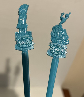 TWA Airlines cocktail swizzle sticks 6'' 2 SIDED NATIVE AMERICAN IMAGE BLUE PAIR