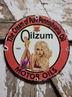 VINTAGE OILZUM PORCELAIN SIGN MOTOR OIL GAS STATION SERVICE PUMP PLATE GIRL 12"