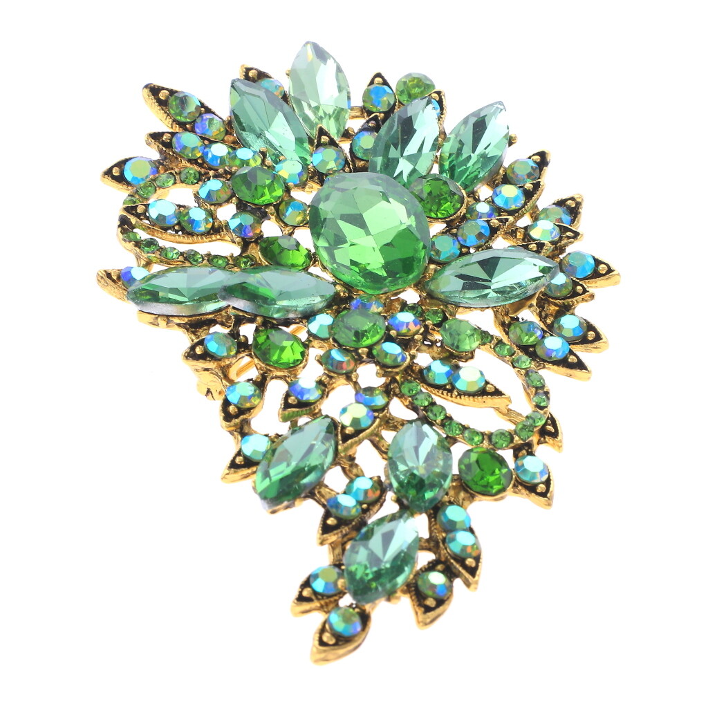 Gold Tone Metal Crystal Rhinestone Flower Brooch P1246-GRN