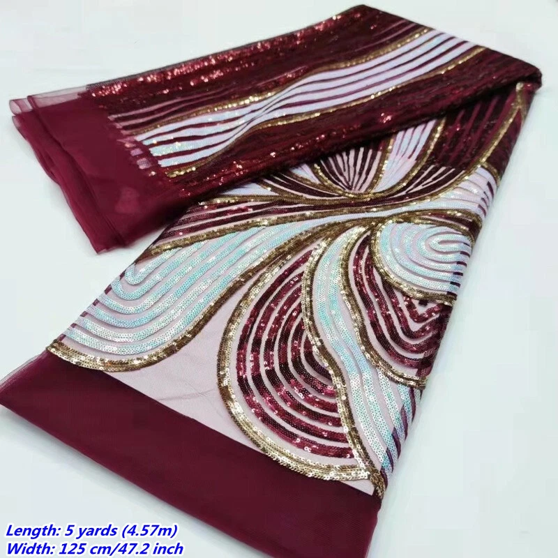 5Yards African Lace Mesh Fabric Patchwork Sequin Tulle Net Dress Sewing Material - Image 2 of 4
