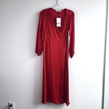 Nwt Zara  Red Midi Wrap Dress Long Sleeve Size S $69.90