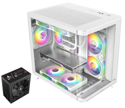 Iceberg Gaming PC Case Crystal Wave M WHT curved tempered Glass with PSU 650WX