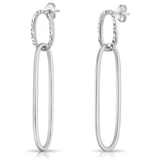 925 Solid Sterling Silver Diamond-Cut Oval Ellipse Long Dangle Hoop Earrings
