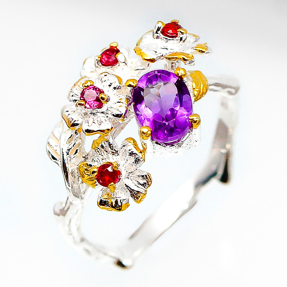 Silver Amethyst Ring , Engraved Silver Men Handmade Ring , Square
