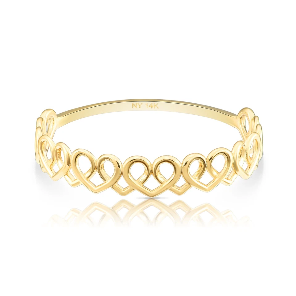 14K Real Solid Yellow Gold Dainty Heart Link Minimalist Braided Band Ring - Image 4 of 4