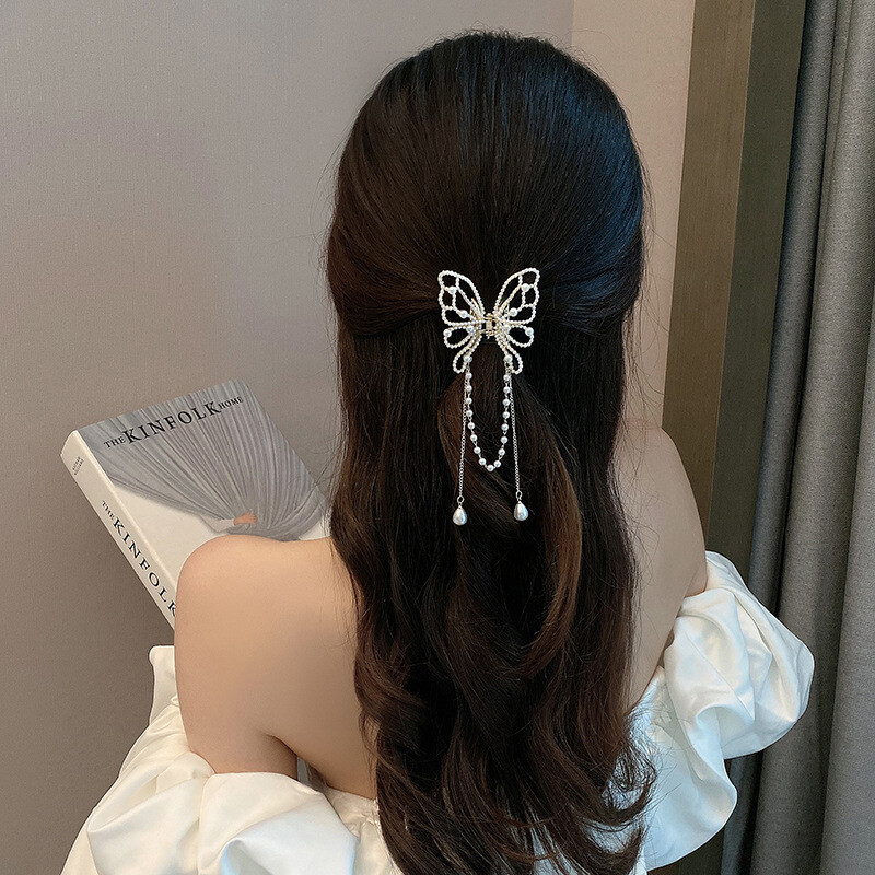 Metal Butterfly Hair Clip Pin Tassel Pendant Women Simple Hair