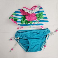 Swimsuit Girls Two-piece Blue Floral Stripe Youth Medium