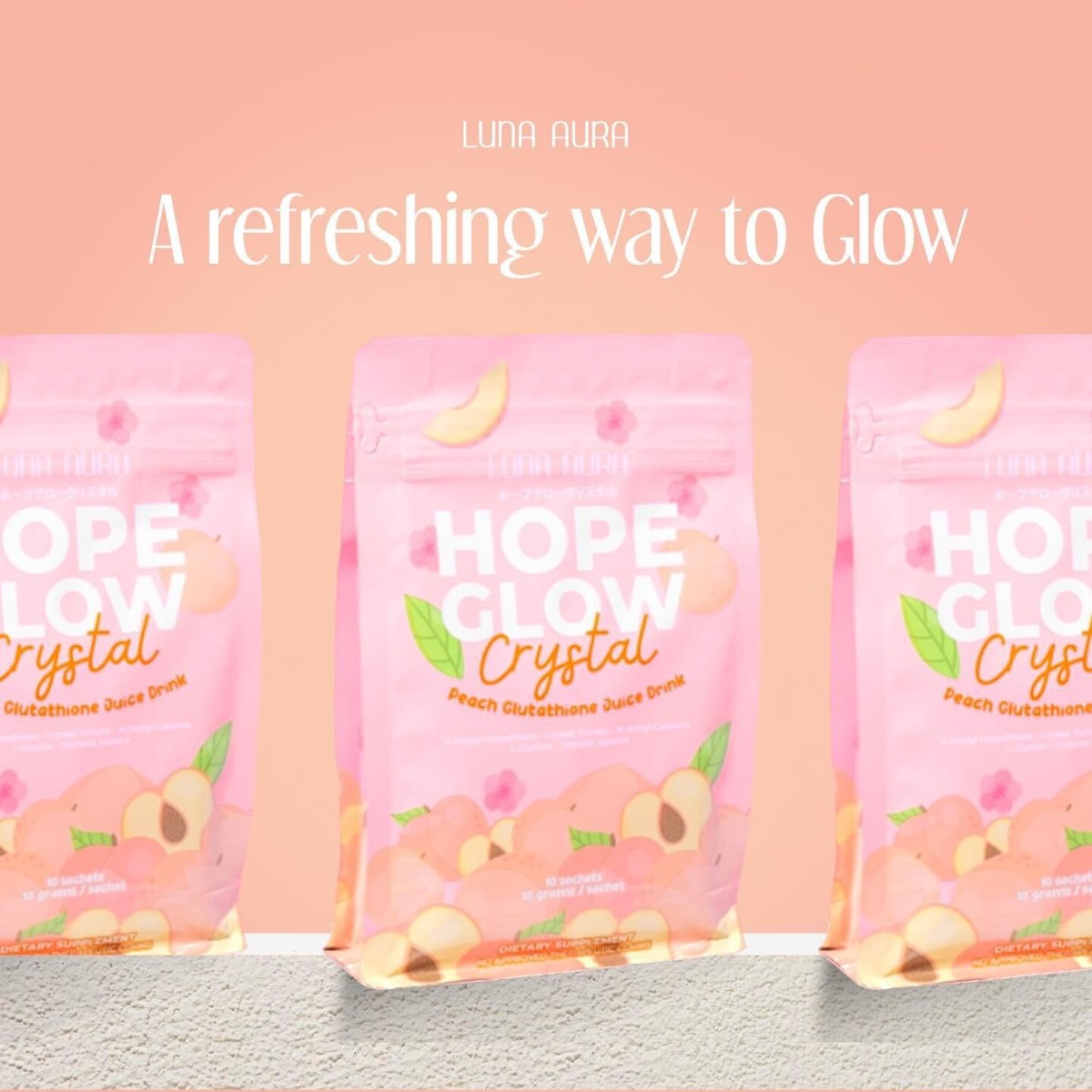 Hope Glow CRYSTAL Peach Glutathione Juice Drink, 10 Sachets x 18g