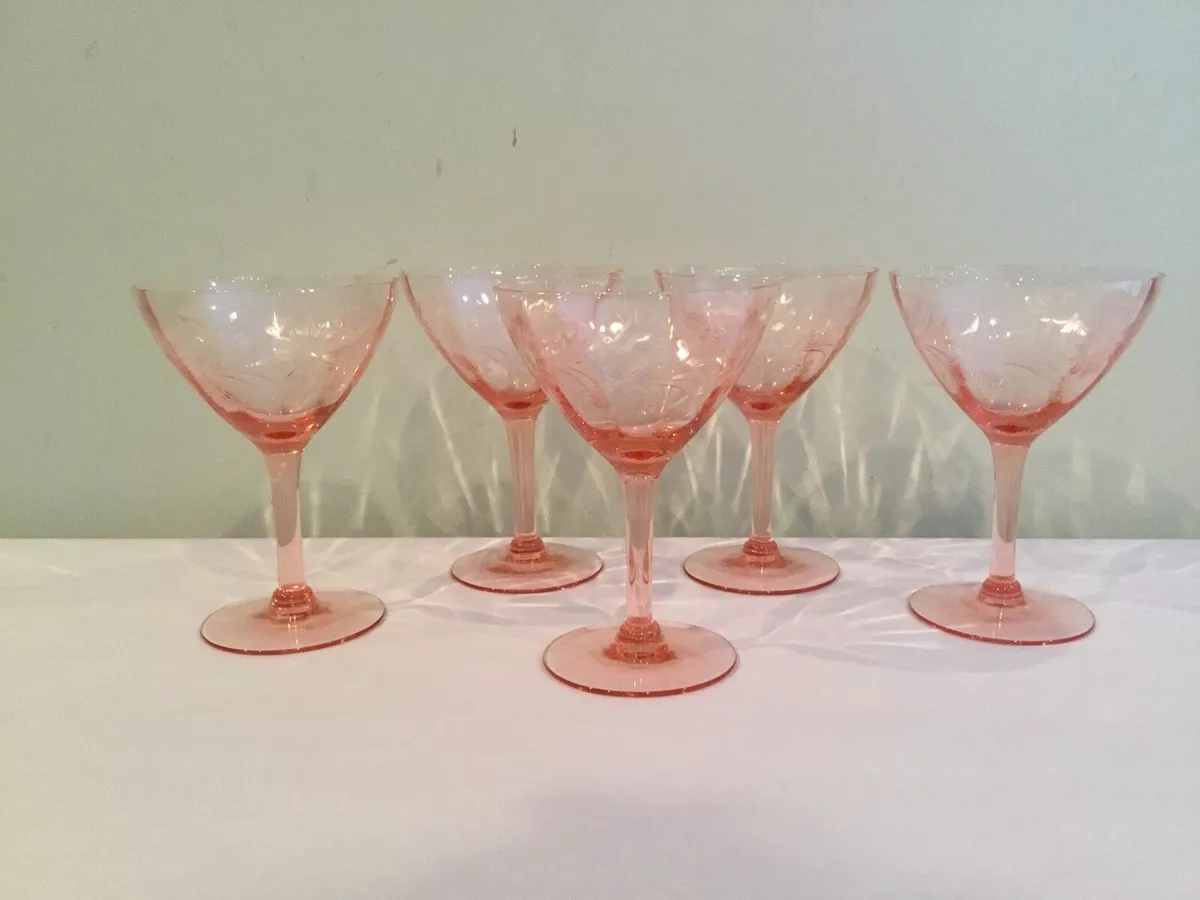 Vintage 5 Etched Pink Crystal Champagne Desset Glasses Optic Panel Depression