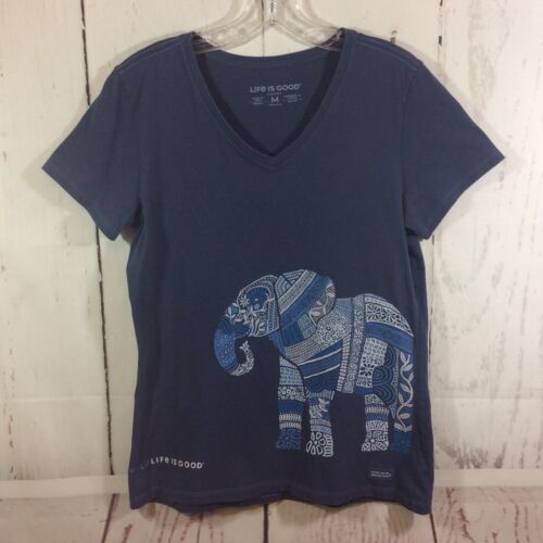 Life is Good Wild Elephant T-Shirt Women's M Crusher Mosaic Paisley Blue Tee - Picture 1 of 9