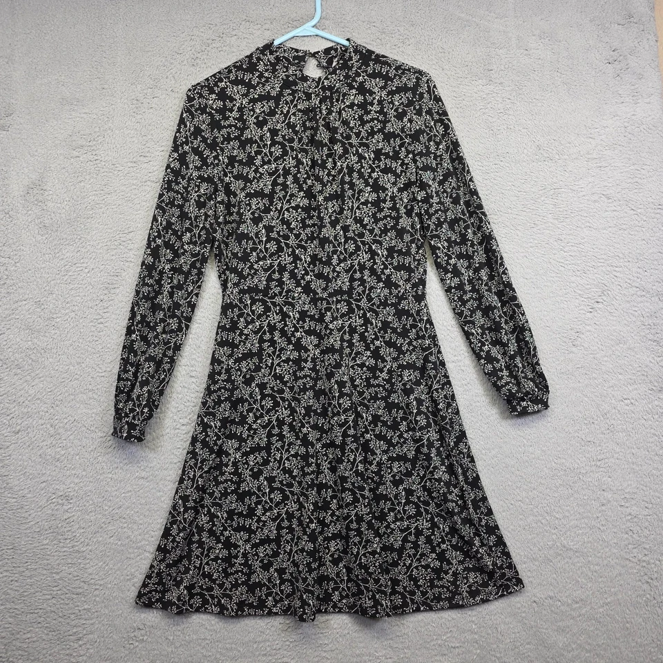 H&M Dress Womens S Black Fit n Flare Floral Mock Neck Floral Leafy Cottagecore - Image 2 of 4