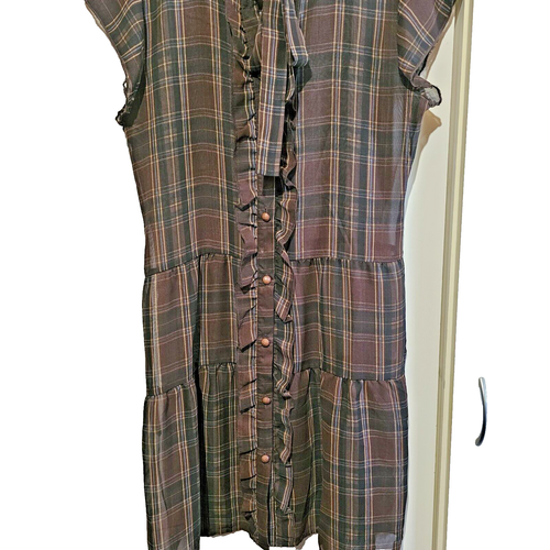 Cotton On vintage Dress Sz M Black/brown/cream tartan plaid check 90s festival - Picture 2 of 10
