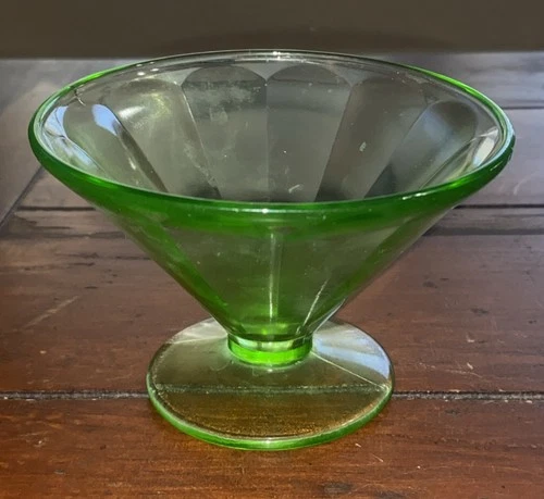 Vintage Green Vaseline Uranium Depression Glass Sherbet/Dessert Dish