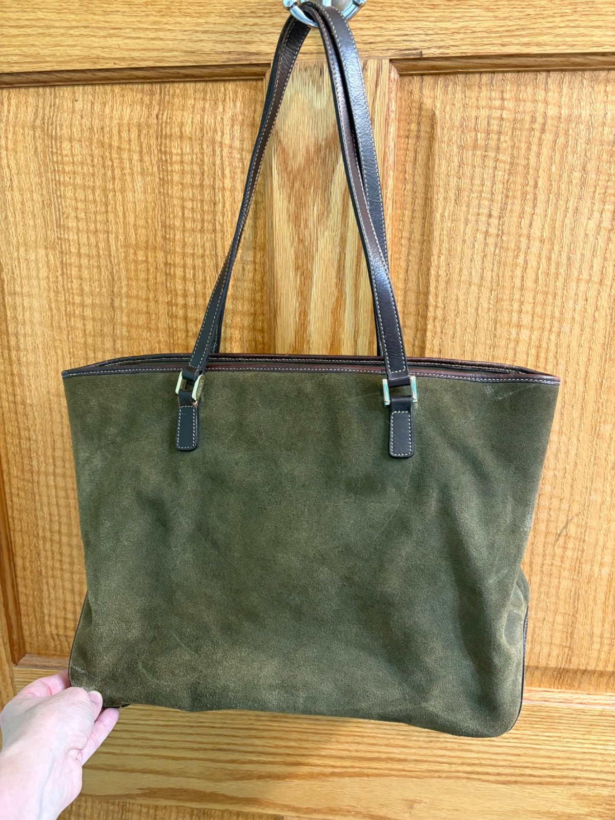 Lauren Ralph Lauren Women's Olive Suede Tote with Brown Leather & Gold Hardware
