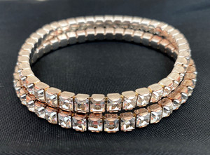 Pair Silver-Tone Metal 42 Clear Square Cut Rhinestone StackableStretch Bracelets
