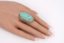 Handmade Sterling 925 Big Oval Turquoise Natural Stone Band Ring Size 8.5