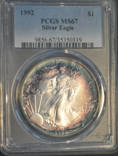 1992 silver eagle toned PCGS MS67