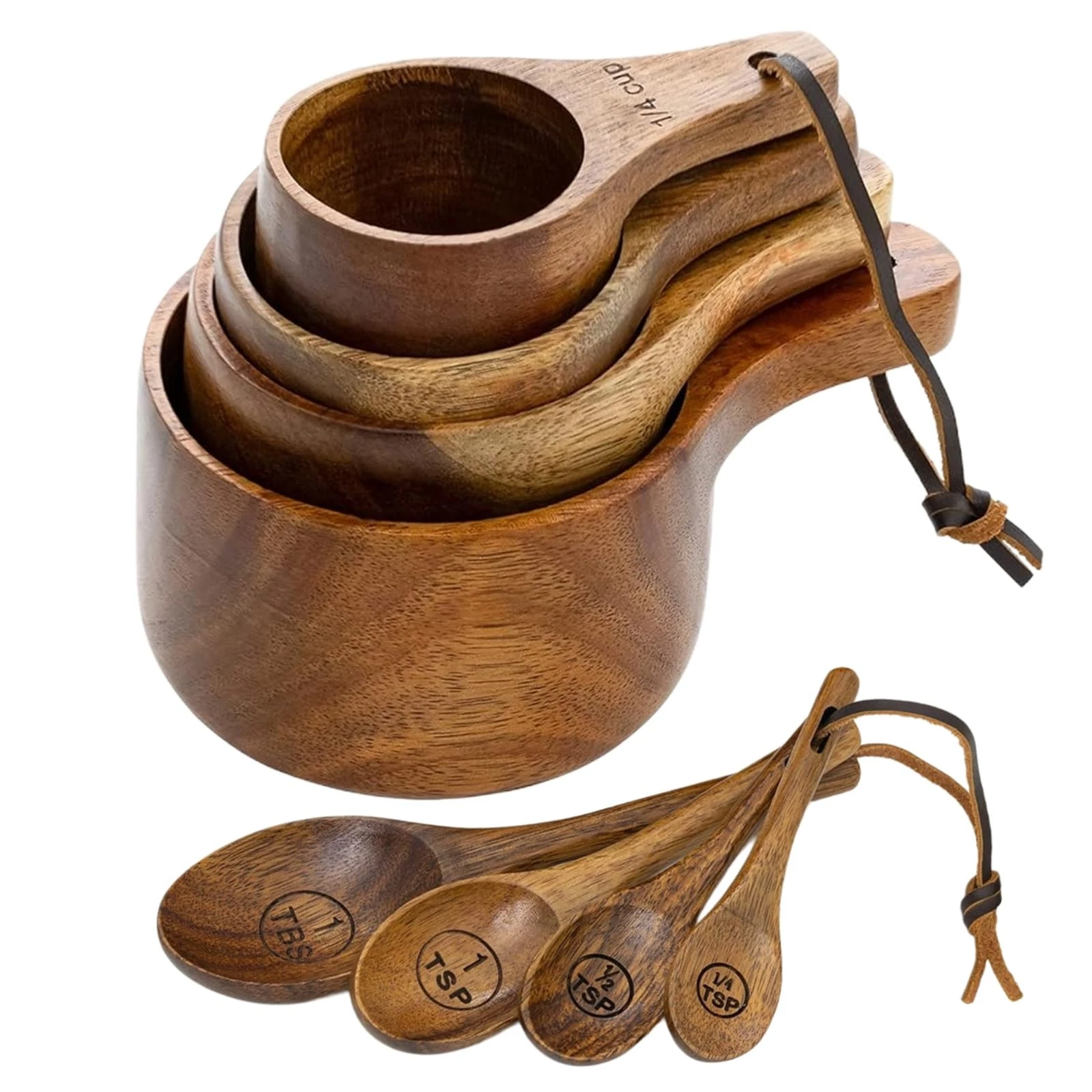 Wooden Measuring Cups and Spoons Set - Eco-Friendly Solid Acacia Wood, Laser ...