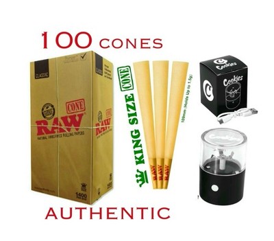 AUTHENTIC RAW classic KING size pre rolled cone + Rechargeable  Herb Grinder