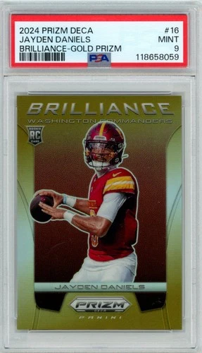 PSA 9 2024 Prizm Deca #16 Jayden Daniels Brilliance Gold Prizm RC /10 Commanders