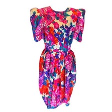 Flora Kung New York Vintage 80s Silk Floral Jacquard Puff Sleeve Dress Pink 8