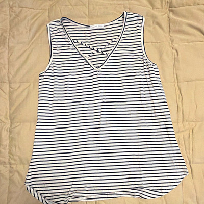 Emory Park Women White/Blue Striped Knit V-Neck Sleeveless Tank Top L