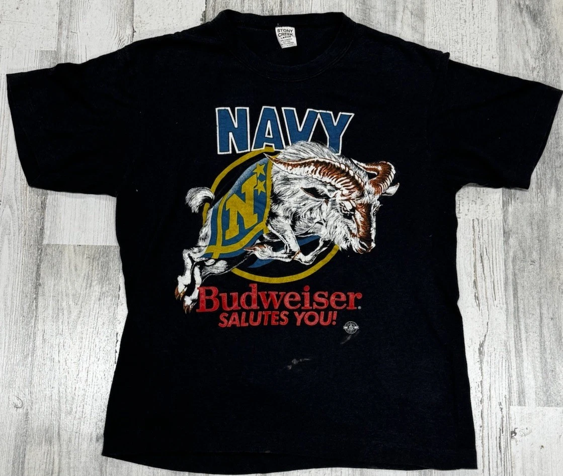 Vintage 80s Navy Budweiser Military T Shirt M Motorcycle Goat Biker Trucker 3D