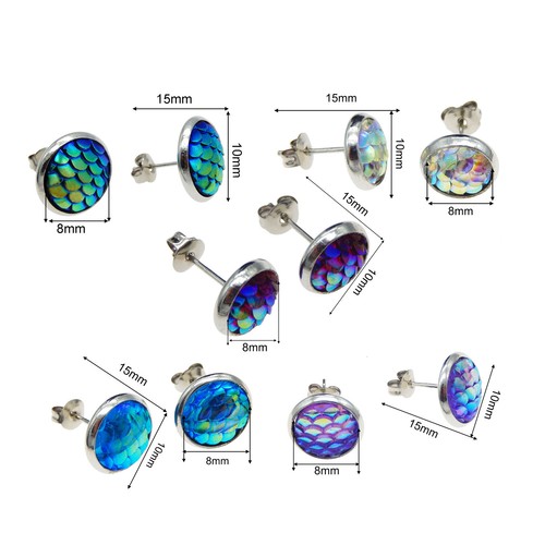 5 pairs Mermaid Scale Resin Cabochon Stud Earring Stainless Steel 8mm 10mm 12mm - Picture 4 of 6