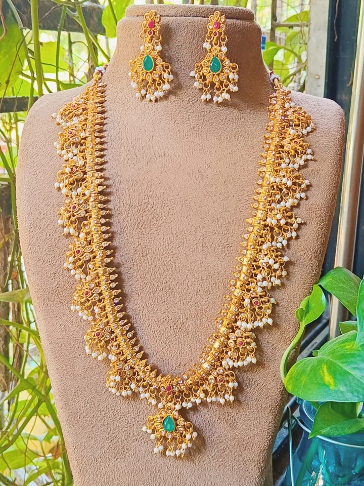 Vergoldet Traditionell Lang Guttapusalu Haar Mala Halskette Ohrring Schmuck Sets