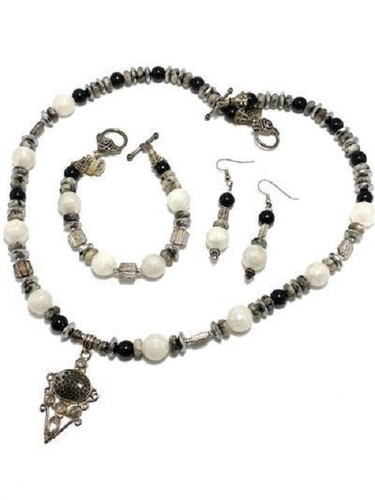 Necklace Set - Rare Black Coral & Herkimer Diamond - Titanium White Jade - Picture 2 of 9