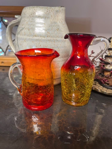 Cadmium Crackle Amberina Glass Small Vases, One Glows