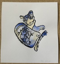 BLUE CAT 2009 ?Sima? ORIGINAL Mixed Media  KITTEN WATERCOLOUR ARTWORK ART Signed
