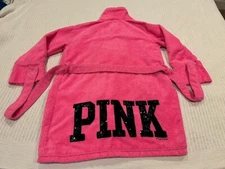 Victoria's Secret PINK Soft Cozy Pink Plush Belted Robe Black Sequin Logo XS S