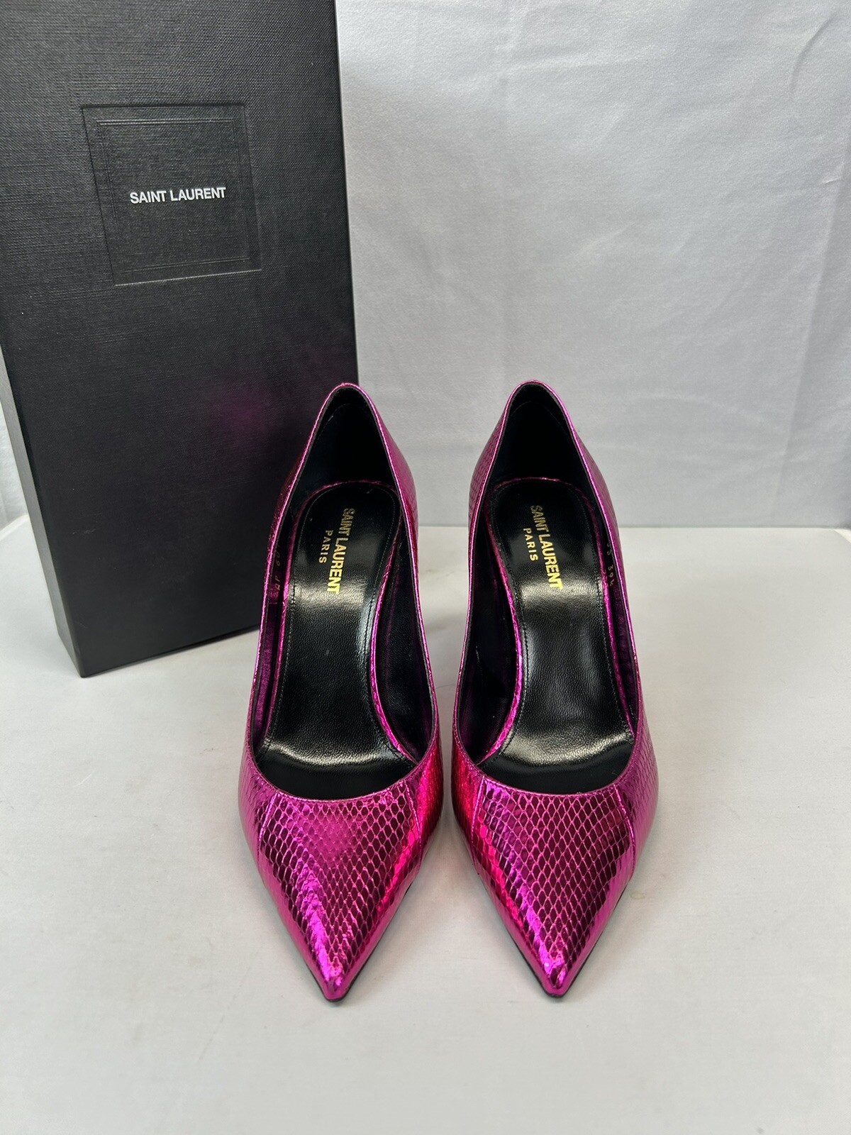 Décolleté Saint Laurent Zoe 105 pelle di serpente metallizzata viola taglia US 9 5